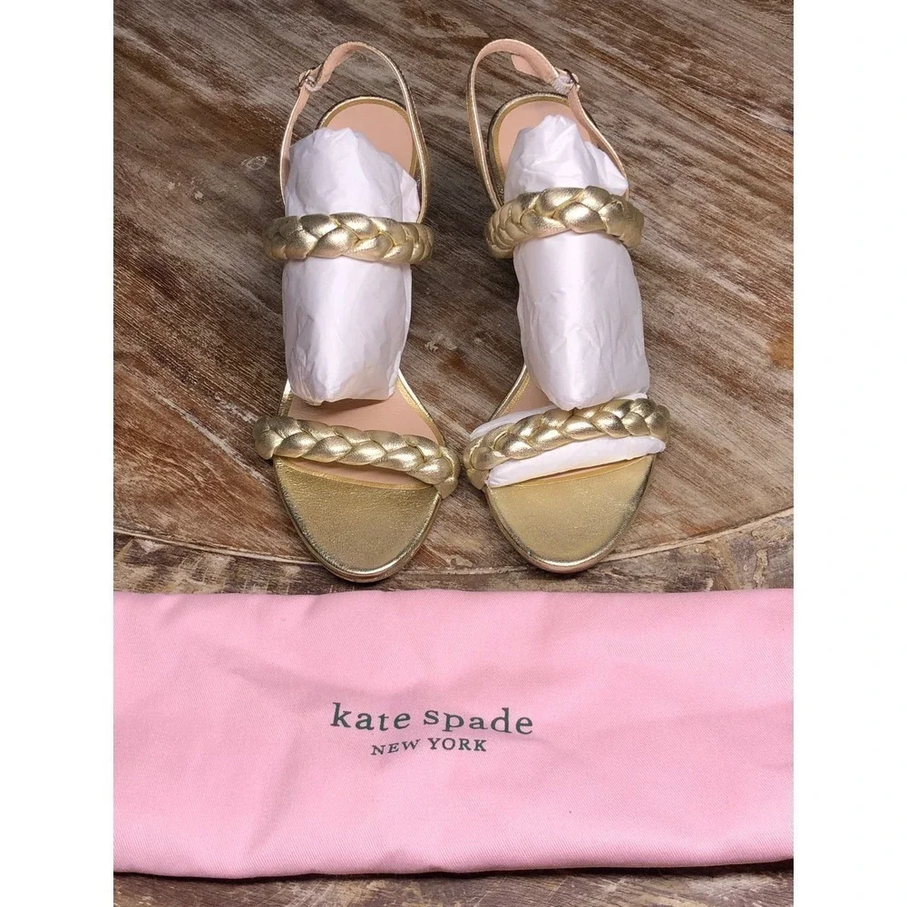 Kate Spade Saffron Heels Slingback Antique Gold Metallic Leather NEW 7 US